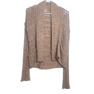 Free People Open Knit Chestnut Brown Open Front Cotton Boho Cardigan Sweater  S‎